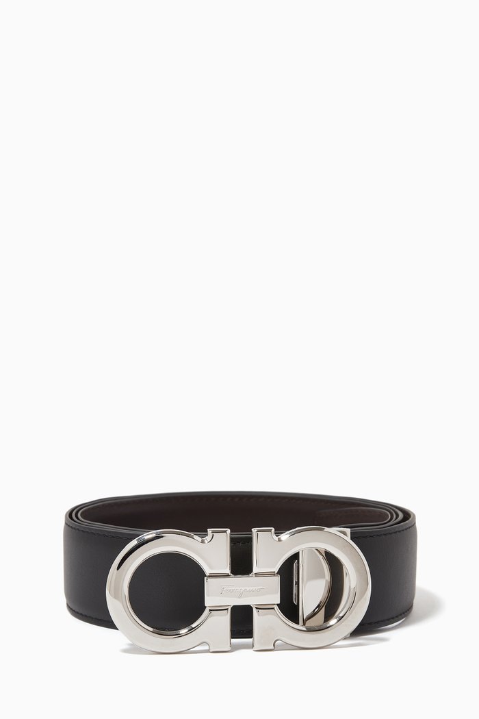 Gancini Buckle Reversible Belt in Calf Leather, Black