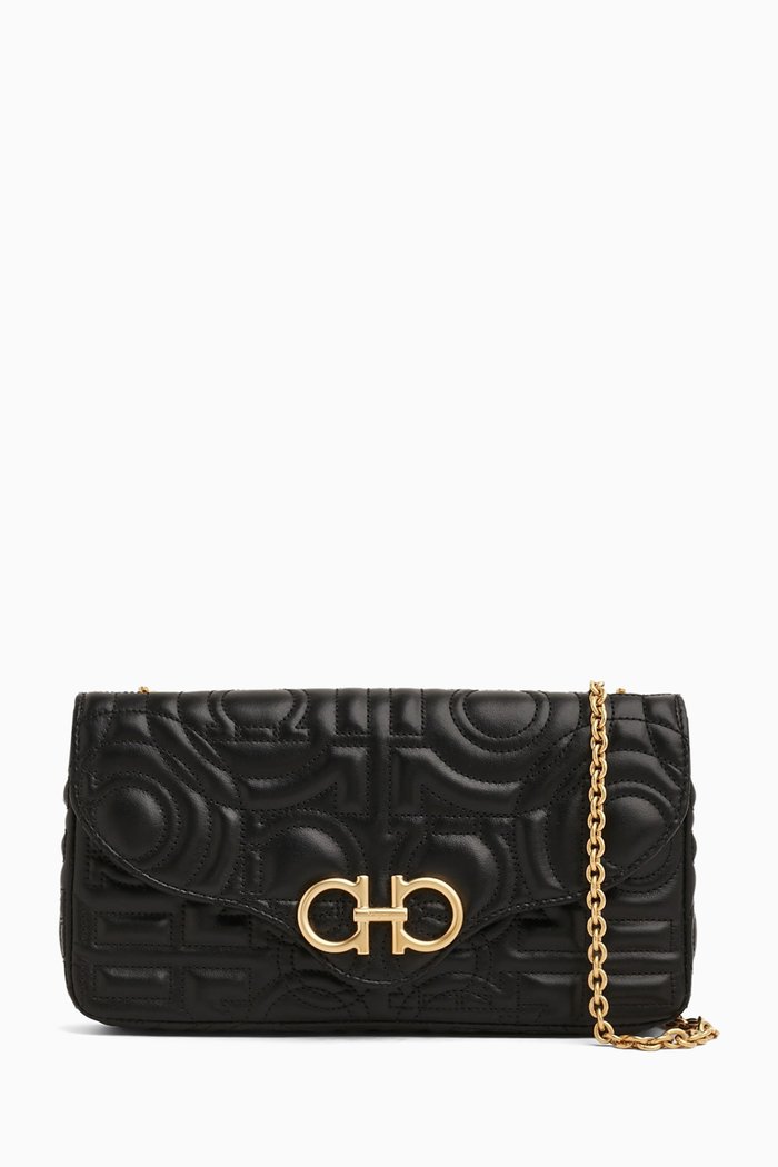 

Mini Gancini Quilted Shoulder Bag in Matelassé Leather, Black
