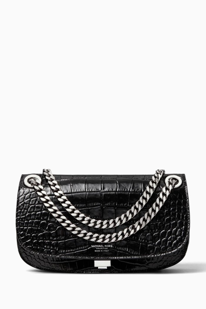 Christie Envelope Shoulder Bag in Croc-embossed Leather, Black