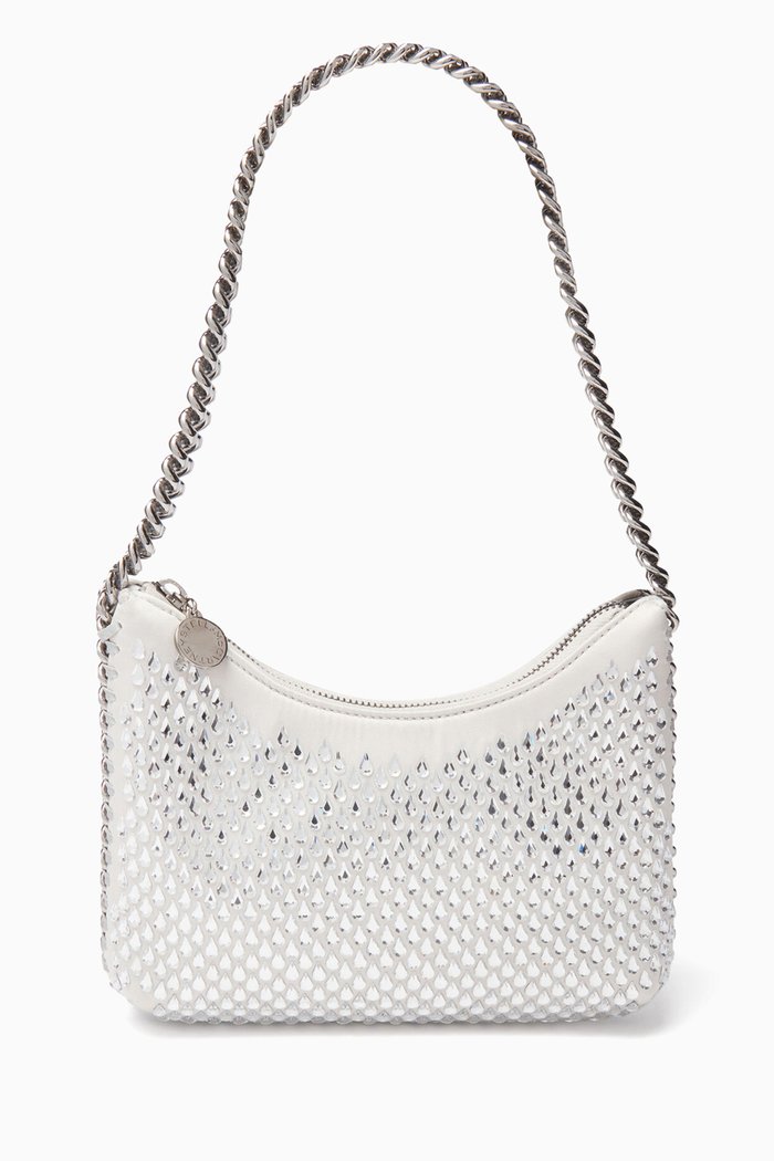 

Falabella Mini Zipped Shoulder Bag in Crystal Mesh, Silver