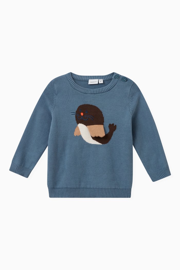 

Long-sleeved Knitted Pullover in Organic Cotton, Blue