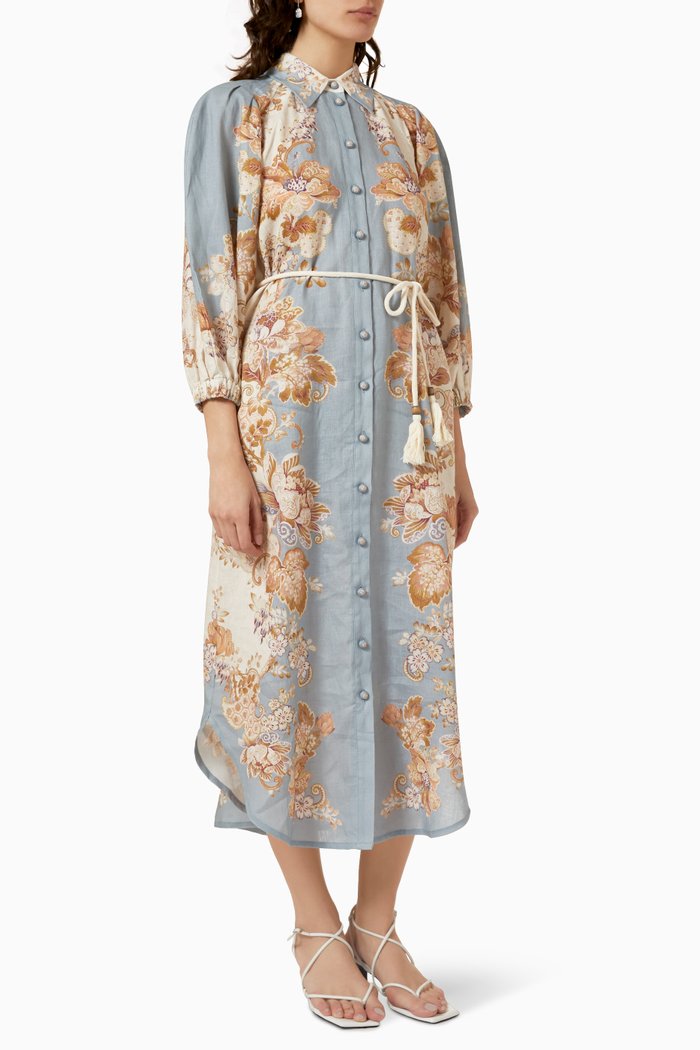 

Blythe Midi Shirt Dress in Linen, Blue