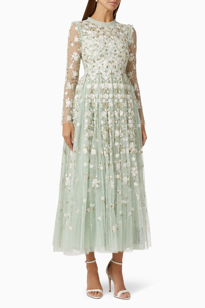 

Camellia Ditsy Embroidered Gown in Tulle, Green