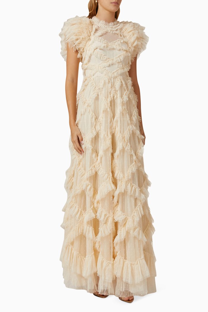 

Genevieve Ruffled Gown in Tulle, Neutral