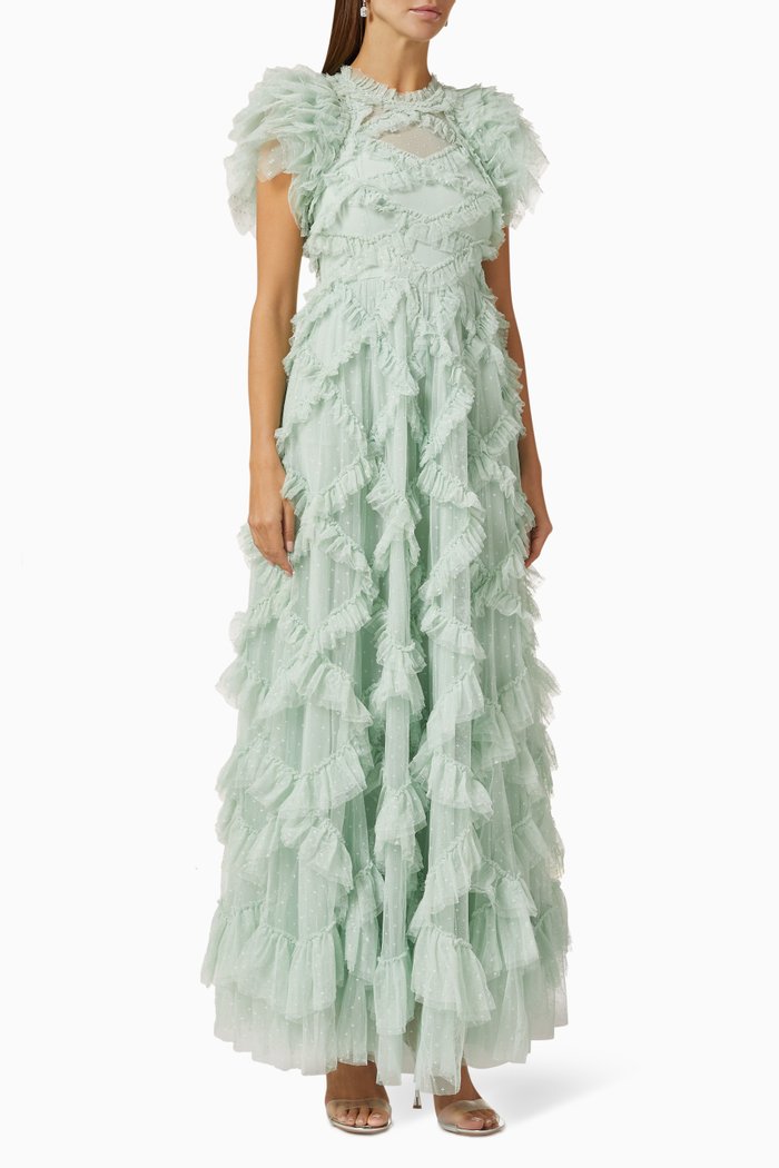 

Genevieve Ruffled Gown in Tulle, Green