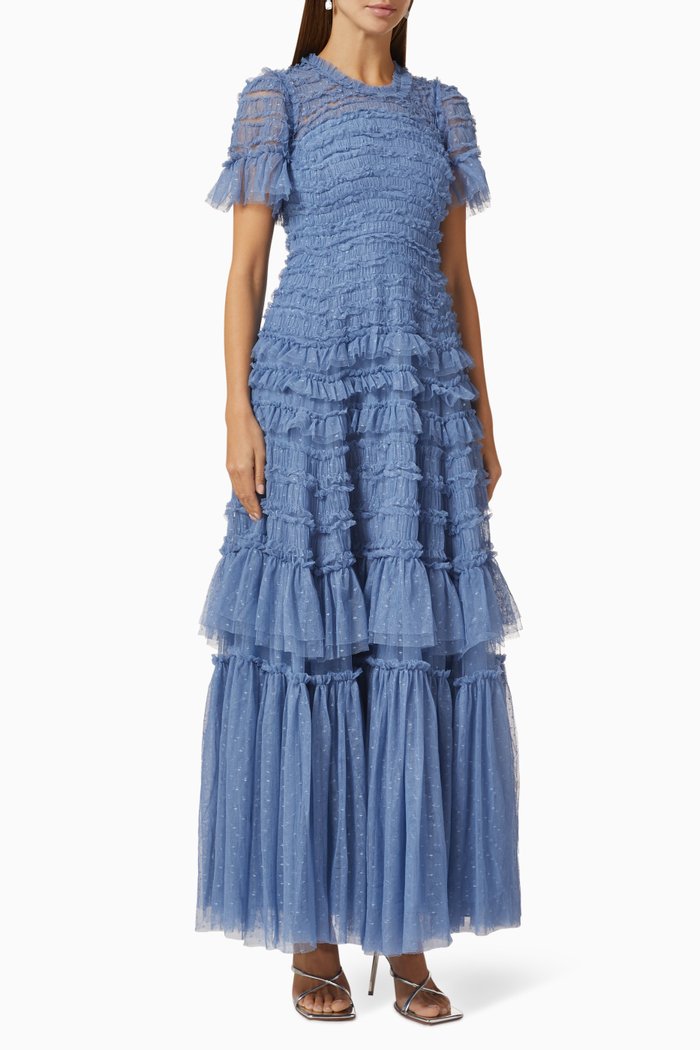 

Valentina Ruffled Gown in Recycled Tulle, Blue