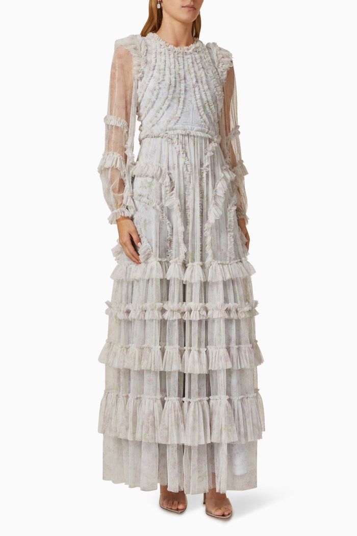 

Blossom Splendor Ruffle Maxi Dress in Tulle, Blue