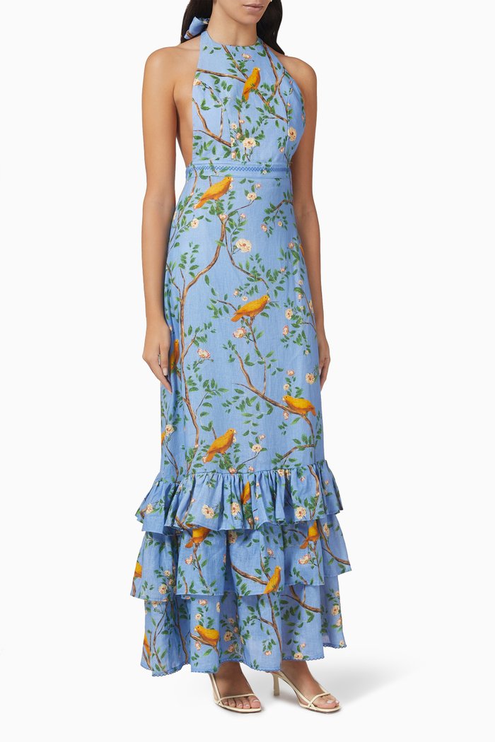 

Magnolia Halterneck Maxi Dress in Linen, Blue