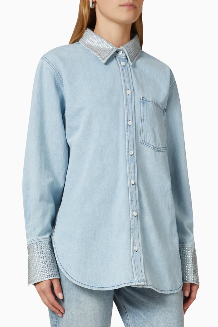 Oversized Rhinestone Shirt in Denim, Blue