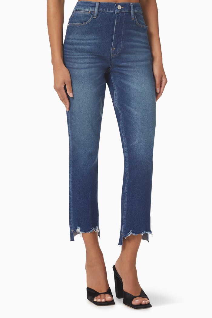 

Le High Straight Raw Stagger Fray Jeans, Blue