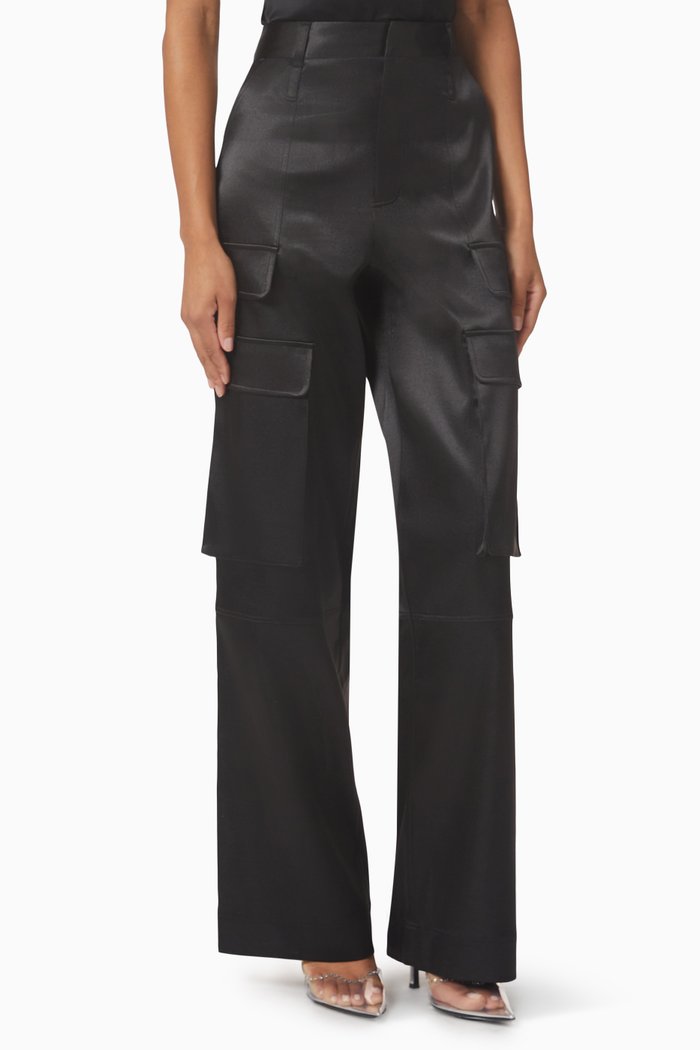 

Relaxed Straight Cargo Pants in Satin, Black