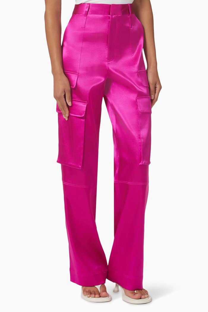 

Relaxed Straight Cargo Pants in Satin, Pink