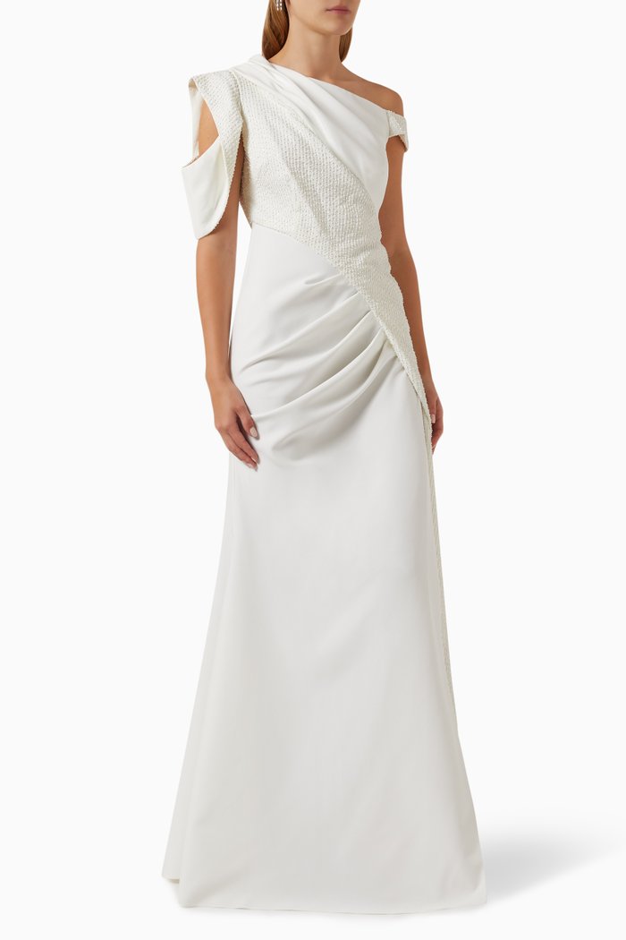 

Pearl-embellished Draped Maxi Dress in Cady, White