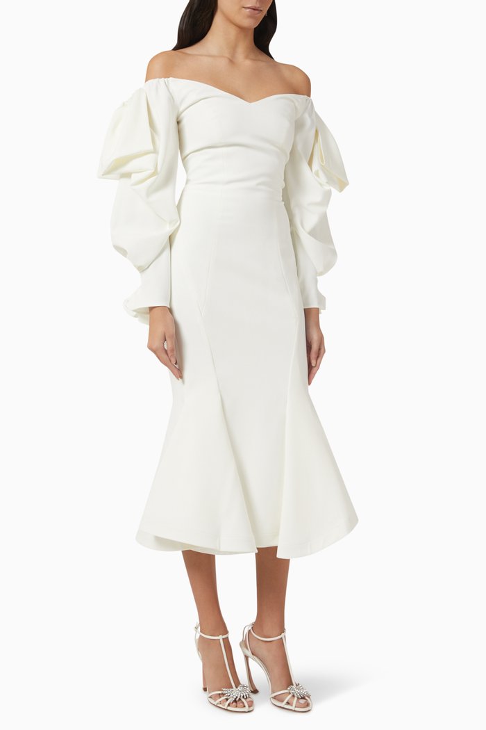 

Draped Sleeve Midi Dress, White