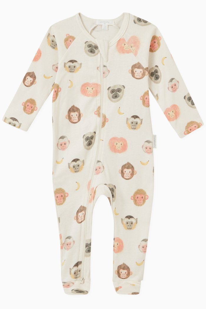 

Monkey Business Print Sleepsuit in Organic Cotton, Neutral