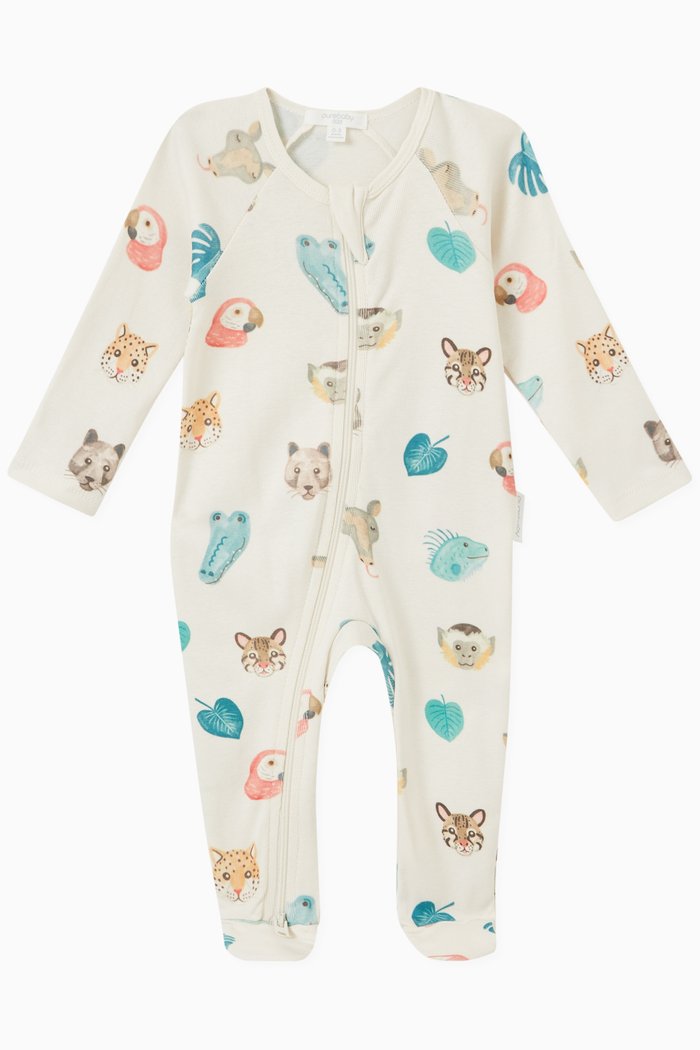

Jungle Faces Print Sleepsuit in Organic Cotton, White