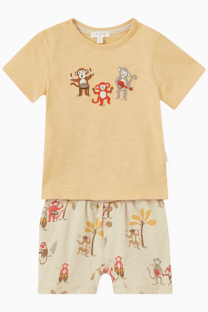 Monkey-print T-shirt & Shorts Set in Organic Cotton, Yellow
