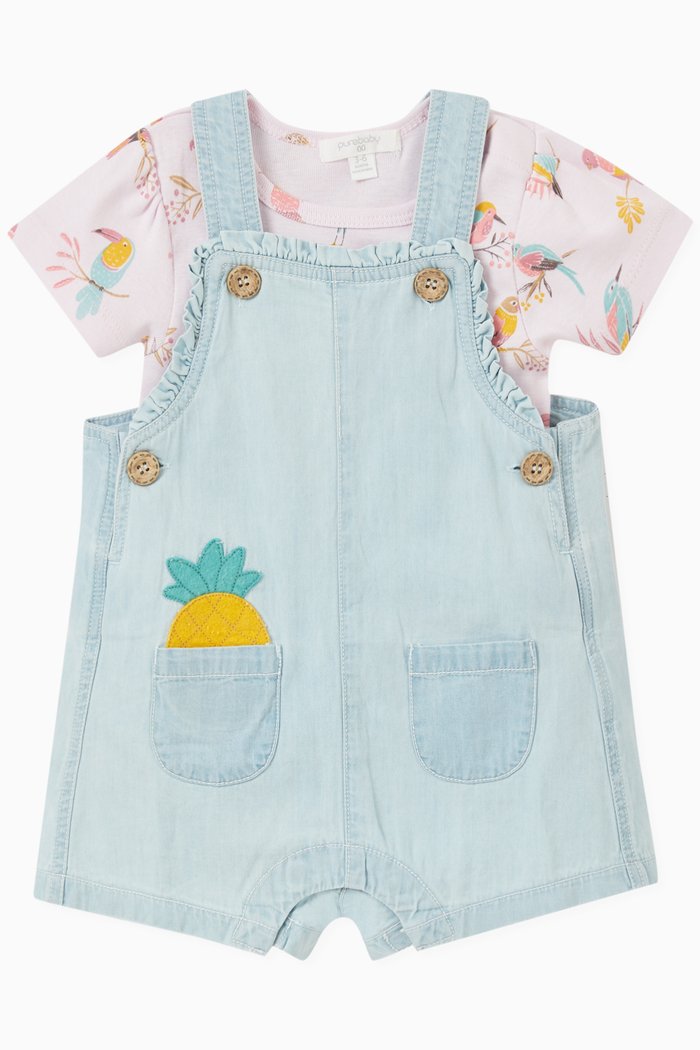 

Parrot & Fruit Top & Overall Set in Cotton, Pink