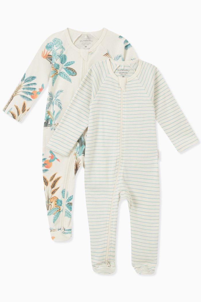

Jungle Print Sleepsuit in Organic Cotton, Set of 2, White