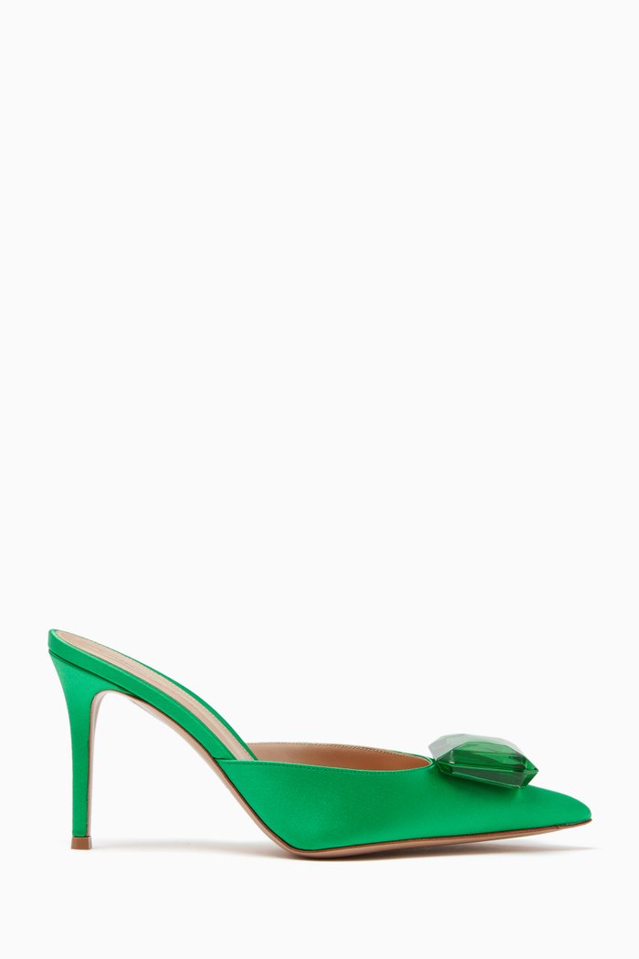Jaipur 85 Maxi Jewel Mules in Satin & leather, Green