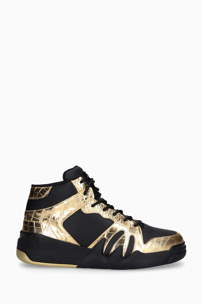 

Talon Sneakers in Laminated Crocodile-print Leather, Gold