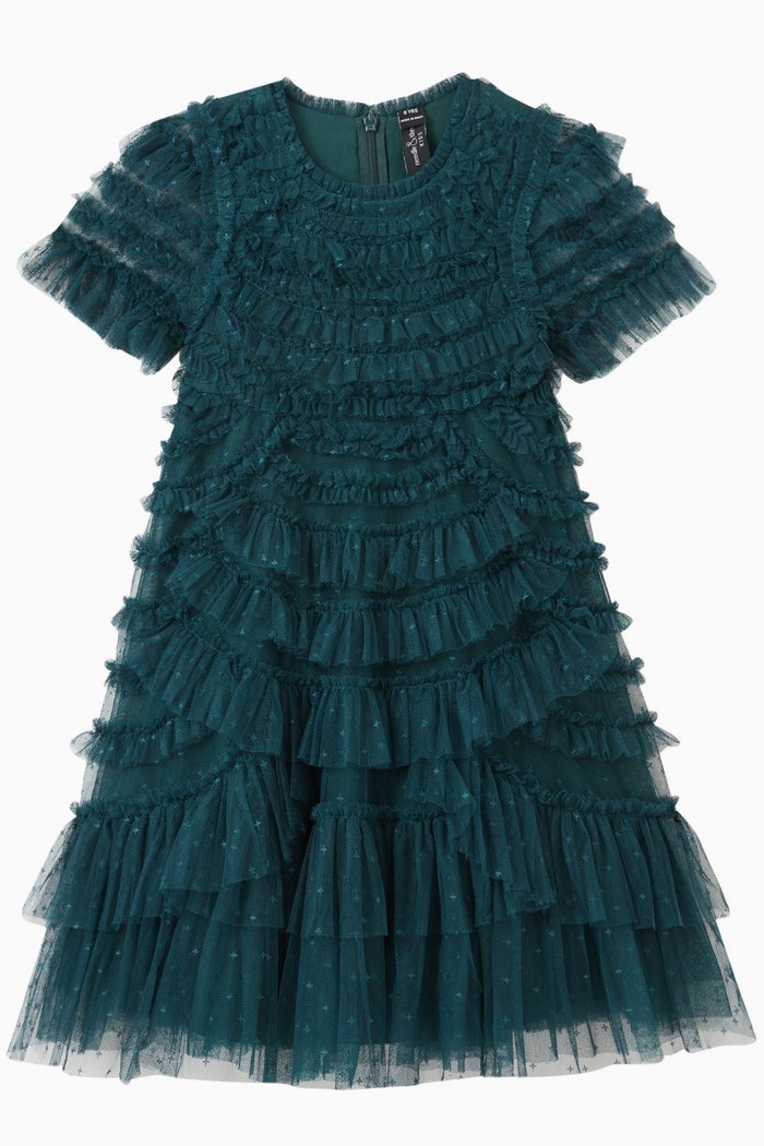 Marilla Ruffle Dress in Polyester, Green