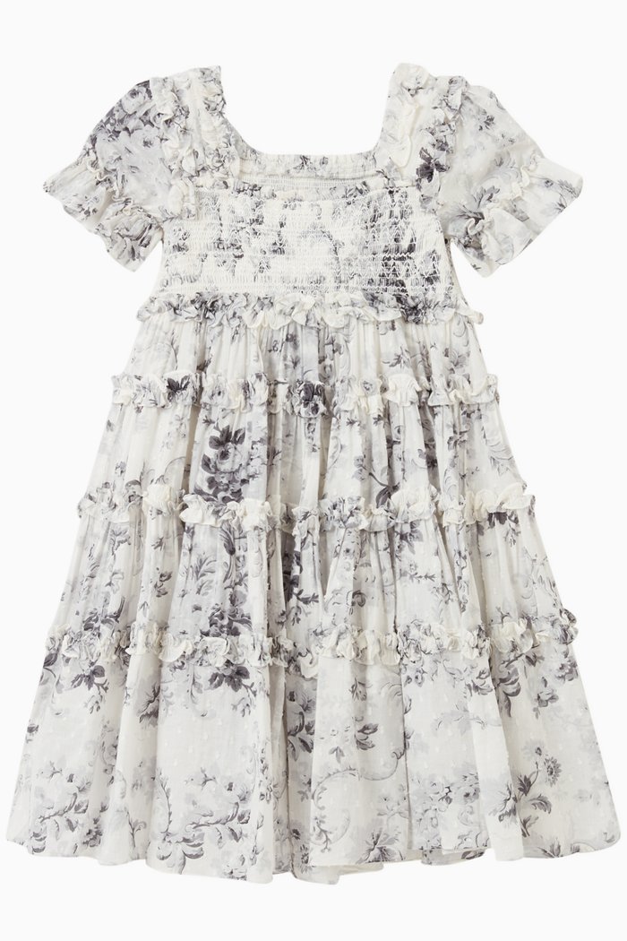 Fleur De Lis Smocked Dress in Cotton, Grey