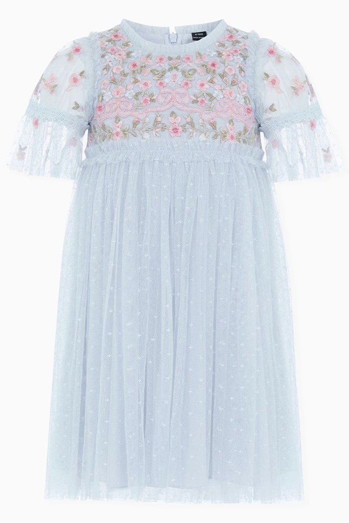 

Ribbon Bouquet Embroidered Dress in Fabric, Blue