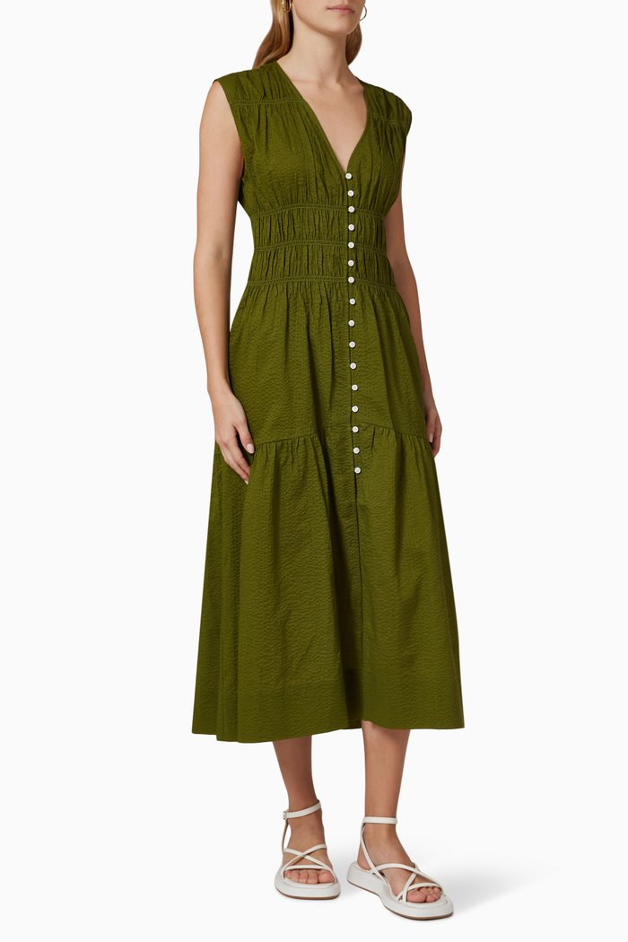

Ruched V-neck Smocked Midi Dress in Cotton, Green