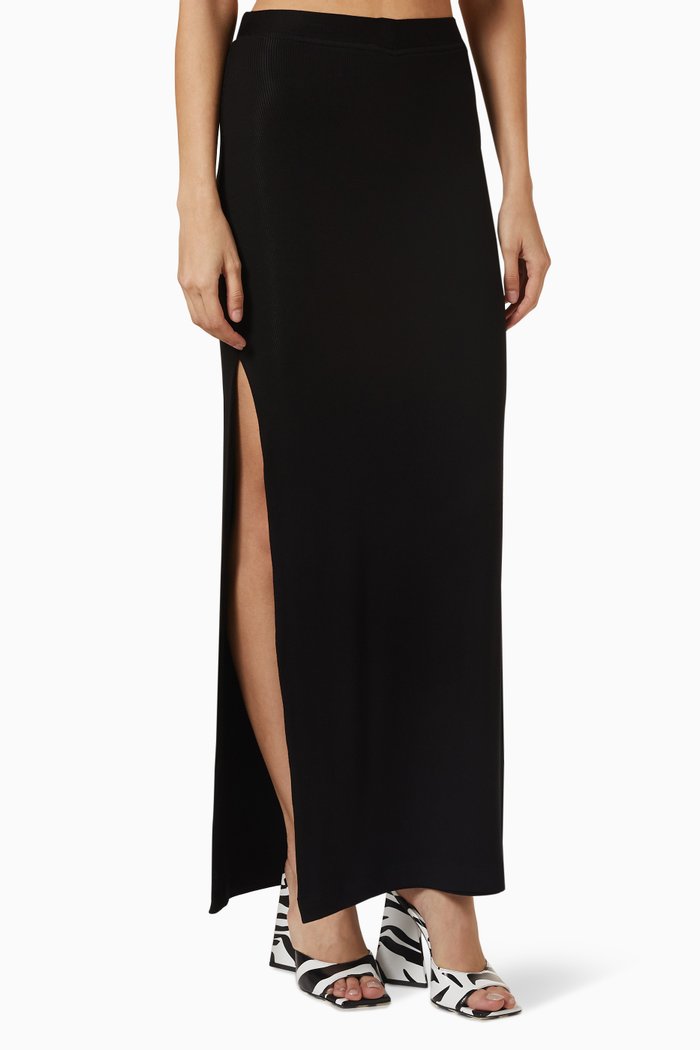 

Side Slit Maxi Skirt in Ribbed Knit, Black