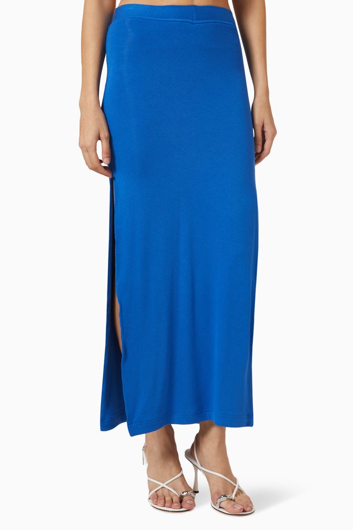 

Side Slit Maxi Skirt in Ribbed Knit, Blue