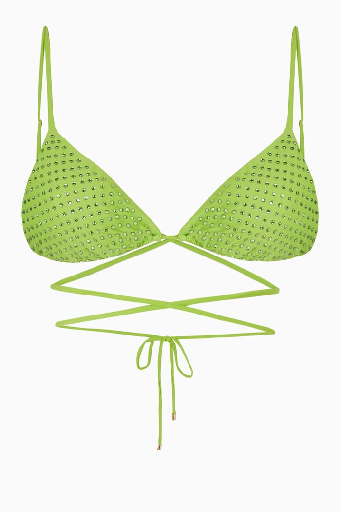 

Rhinestone-embellished Triangle Bikini Top in Stretch-nylon, Green