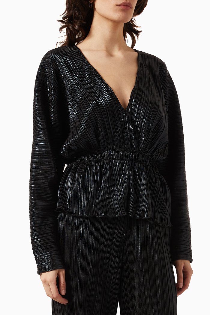 

Deep V-neck Peplum Top in Plissé Fabric, Black