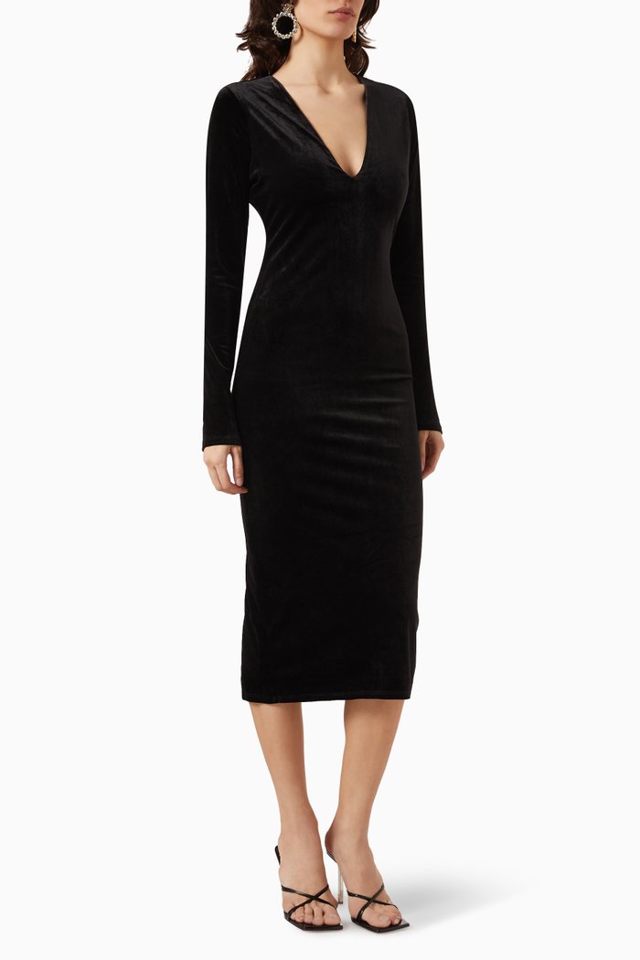 V-neck Midi Dress in Velvet, Black