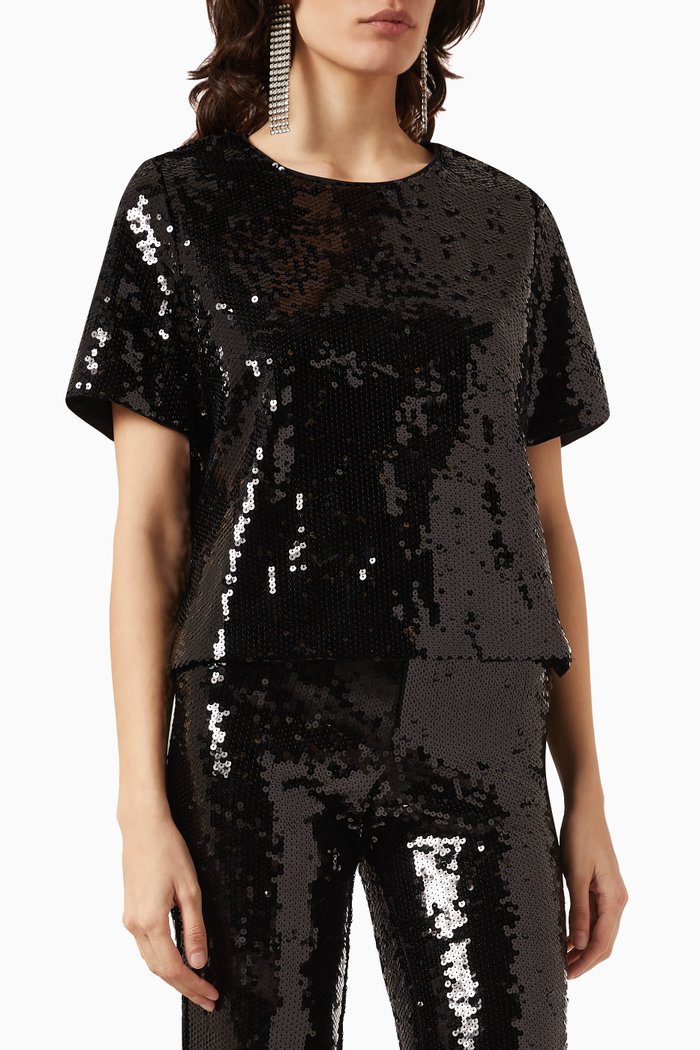 Crewneck T-shirt in Sequins, Black