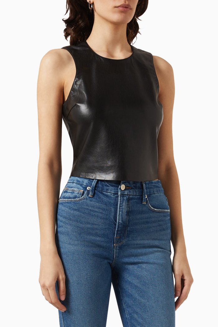 Shell Cropped Tank Top in Faux Leather, Black