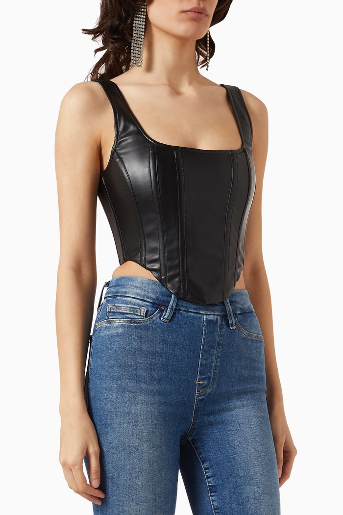 

Lace-up Corset Top in Faux Leather, Black