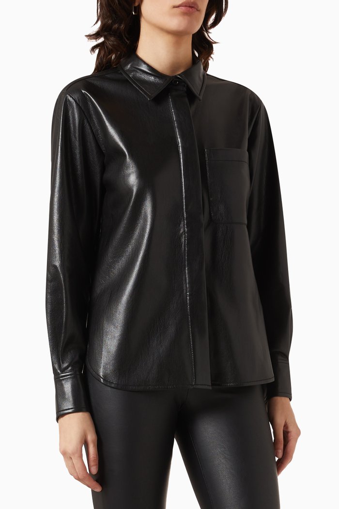 

Buttoned-up Shirt in Faux Leather, Black