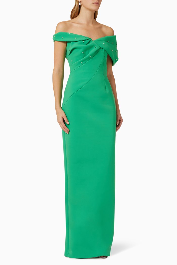 

Matteo Beaded Off-shoulder Gown in Neoprene, Green