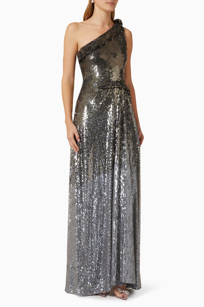 Alexandro One-shoulder Gown in Sequinned Crepe, Silver