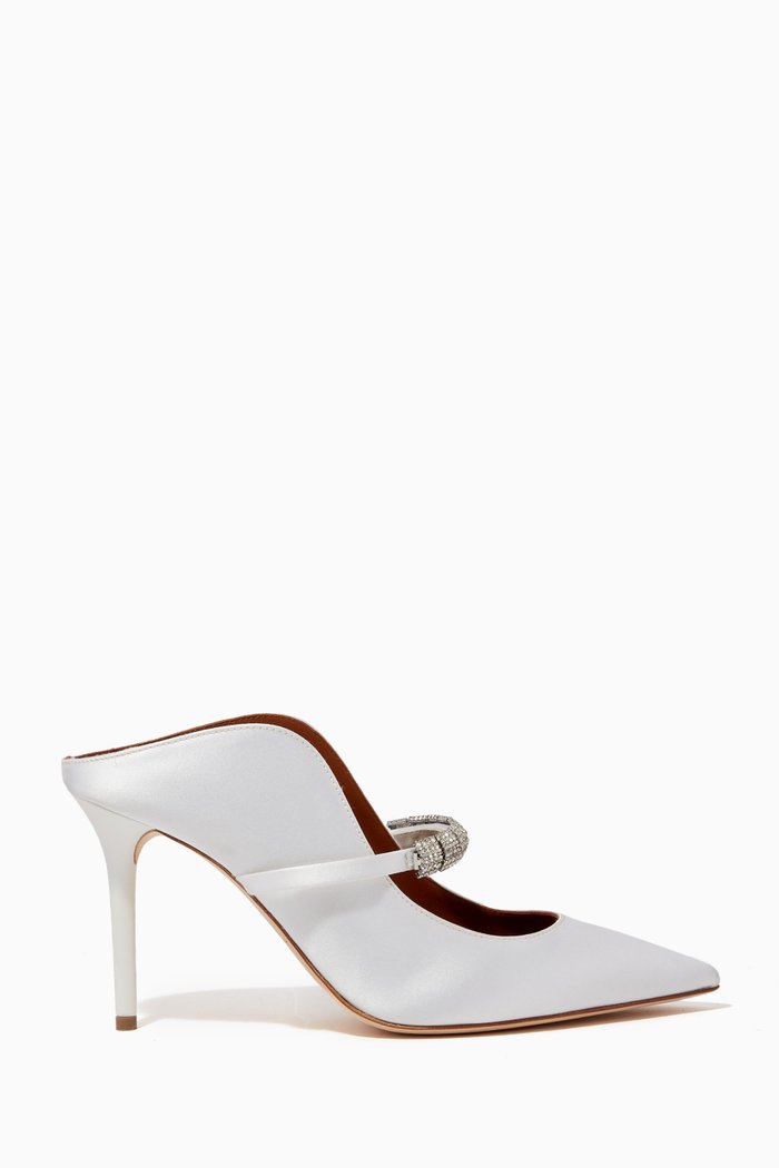 

Bella 85 Crystal Mules in Satin, White