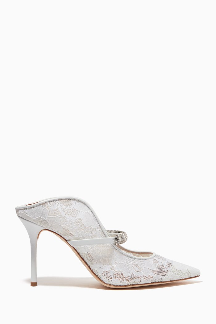 

Bella 85 Mule Heels in Floral Lace, White