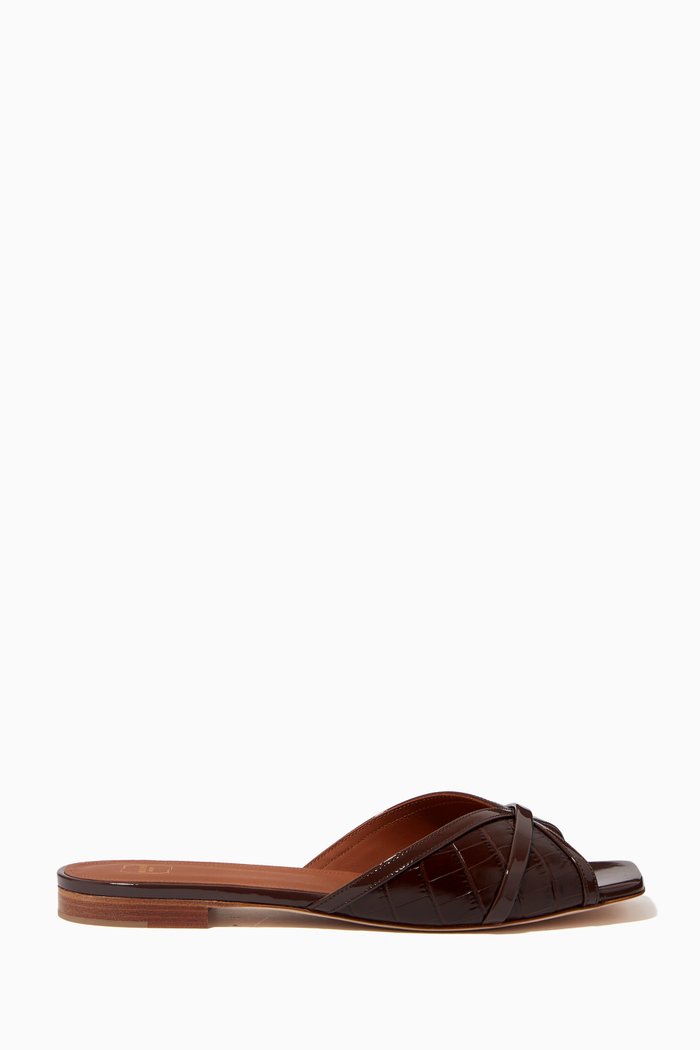 

Perla Slides in Croc-embossed Leather, Brown
