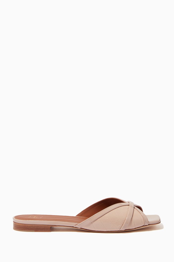 Perla Slides in Croc-embossed Leather, Neutral