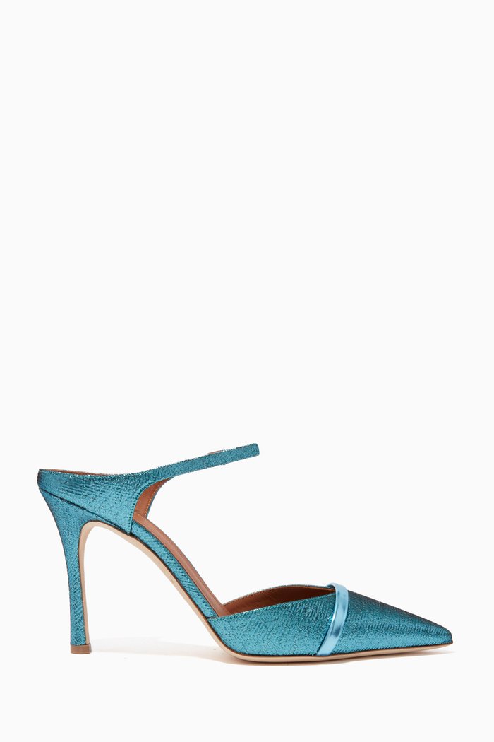 Uma 90 Mules in Lurex and Mirror Leather, Blue