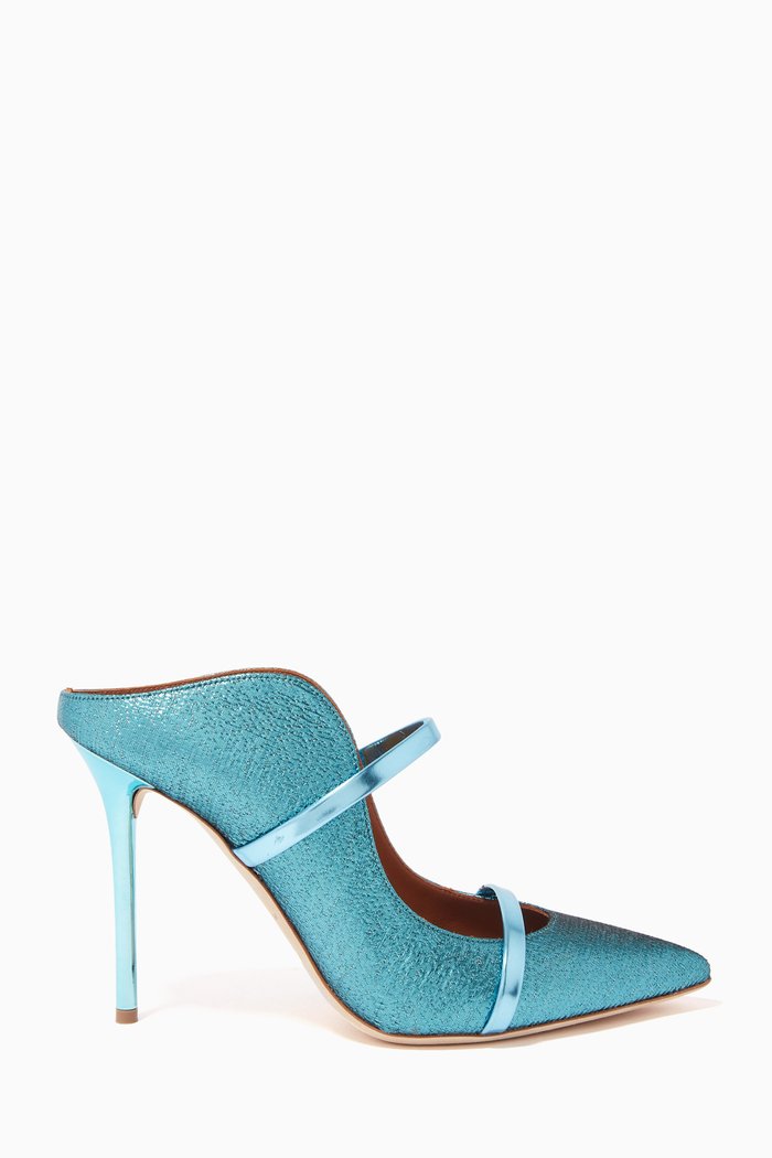 Maureen 100 Mules in Metallic Lurex Leather, Blue
