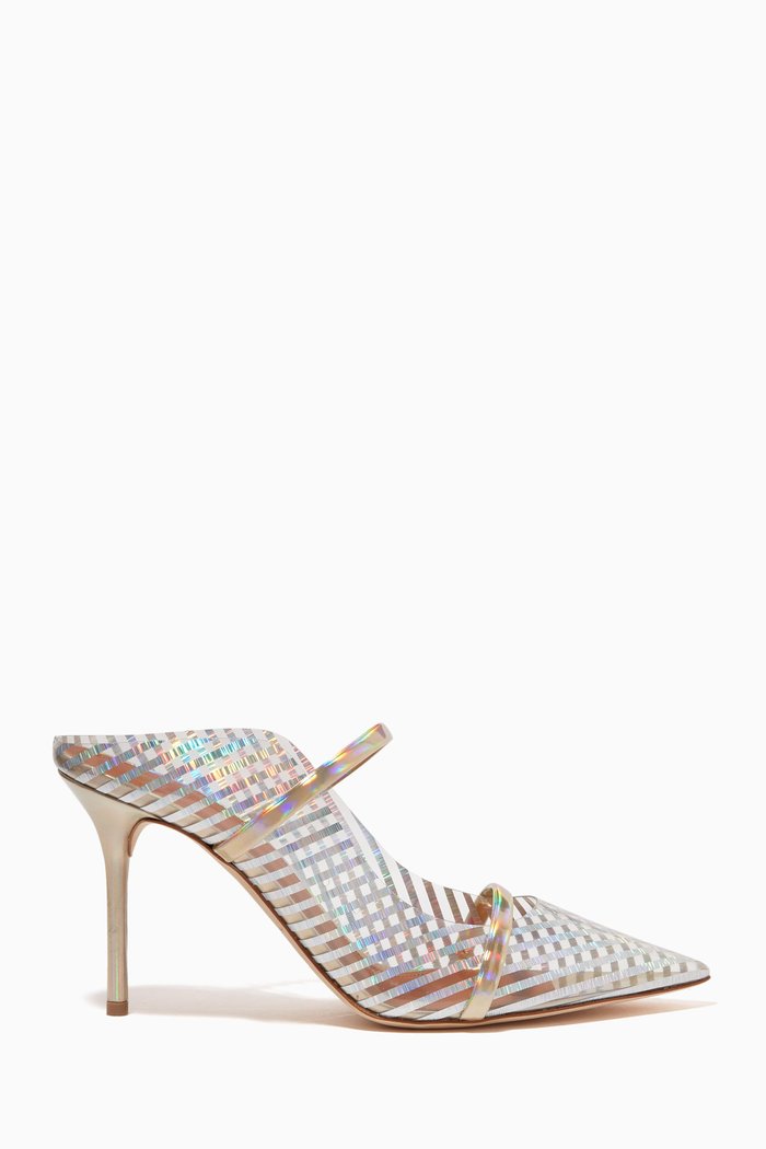 

Maureen 85 Mule Heels in Holographic PVC, Silver