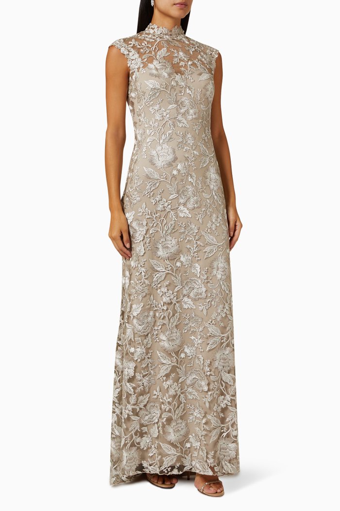 

High-neck Maxi Dress in Lace, Neutral