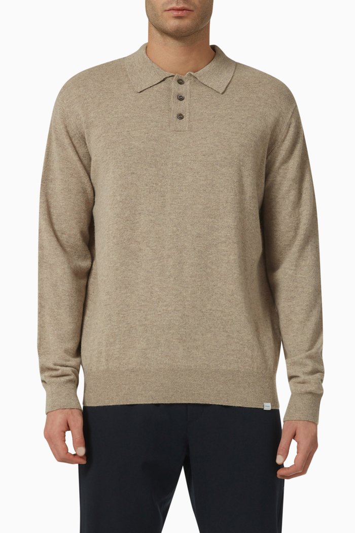 

Frank Ribbed Polo Shirt in Merino Wool, Neutral