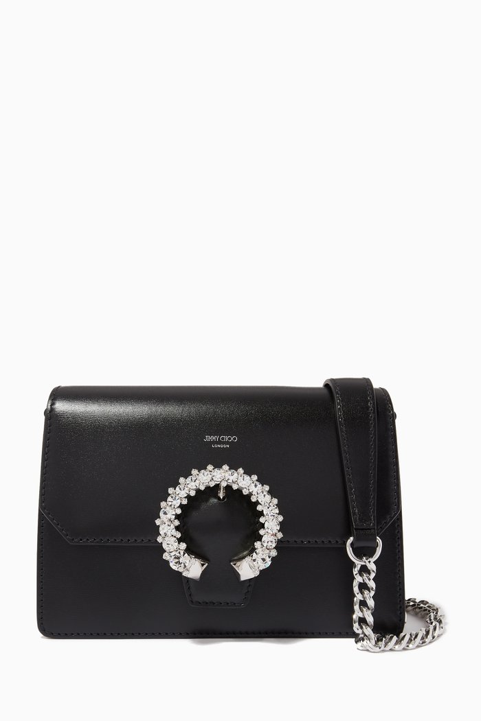 

Madeline Crystal-buckled Crossbody Bag in Leather, Black